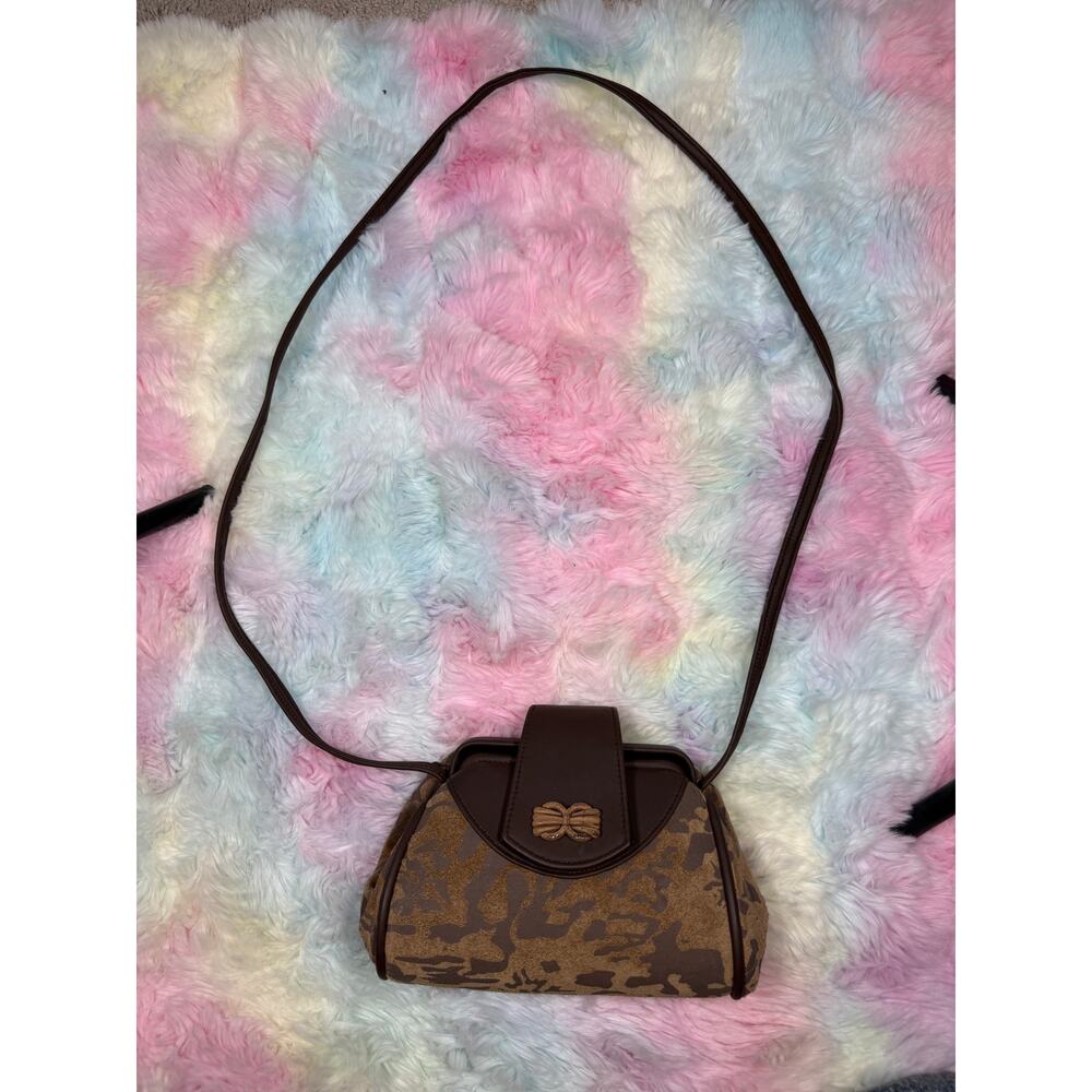 Vintage Brown Suede Camo Print Shoulder Bag Small Y2K Purse - Picture 3 of 13